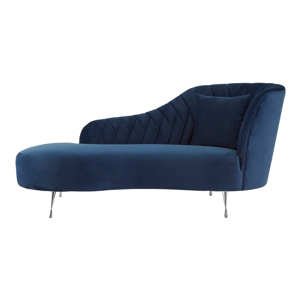 A dark blue velvet chaise longue with a sleek, modern design, featuring a curved backrest and a low profile. The chaise is supported by slender metal legs, adding a touch of elegance to its overall appearance. The fabric has a soft texture, enhancing its luxurious look