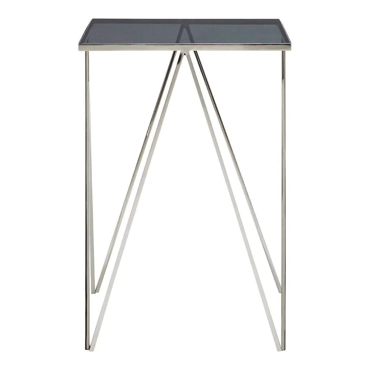 Modern glass top side table with metal frame and angled legs, front view