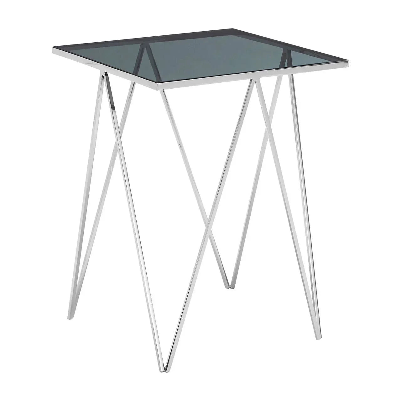 Square glass side table with chrome metal frame and crisscross legs on white background