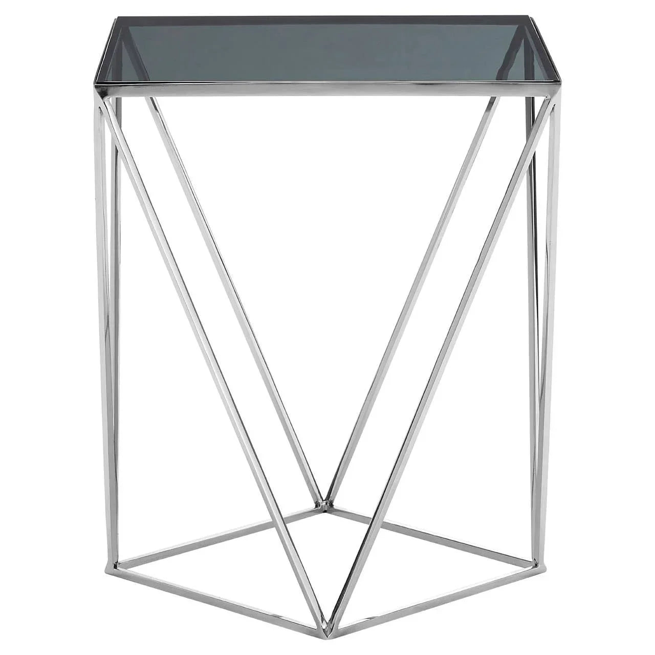 Chrome side table with geometric metal frame and black glass top