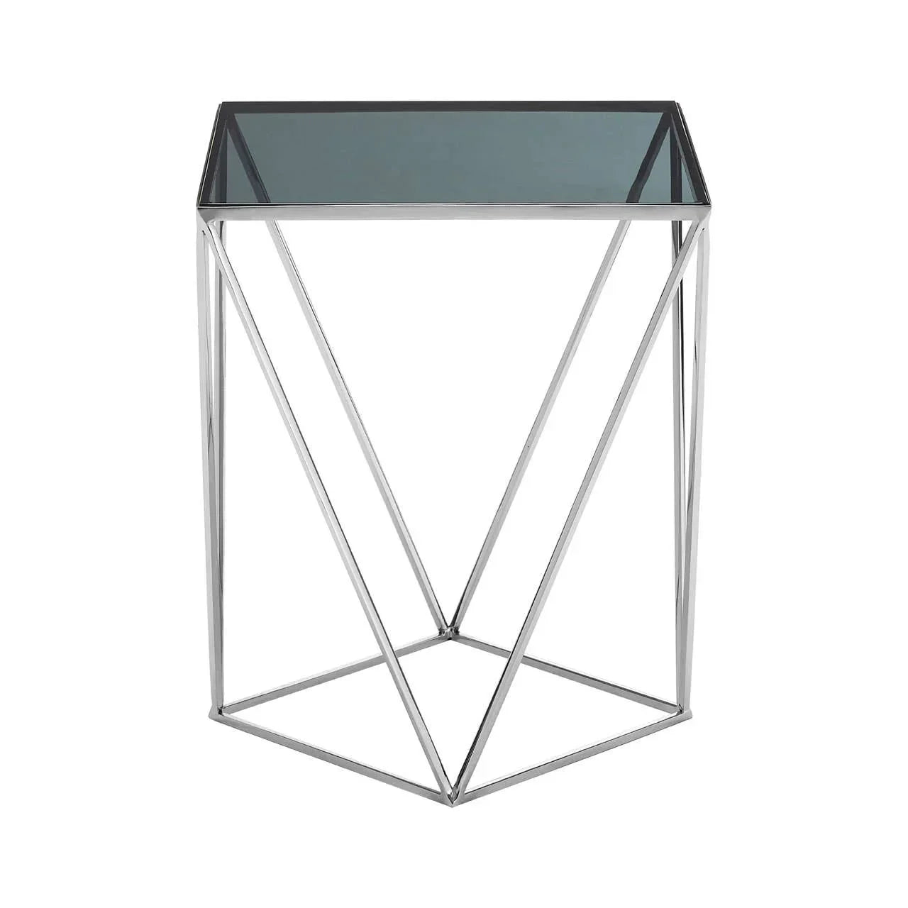 Modern glass top side table with geometric chrome metal frame