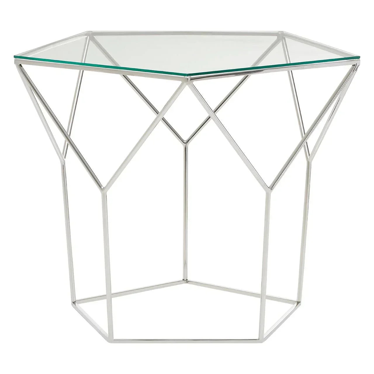 Modern glass side table with geometric chrome metal frame and hexagonal top