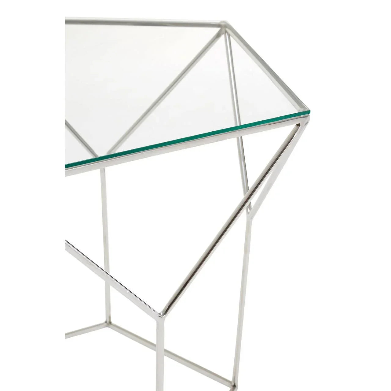 Glass side table with geometric chrome metal frame, close-up of top corner and legs