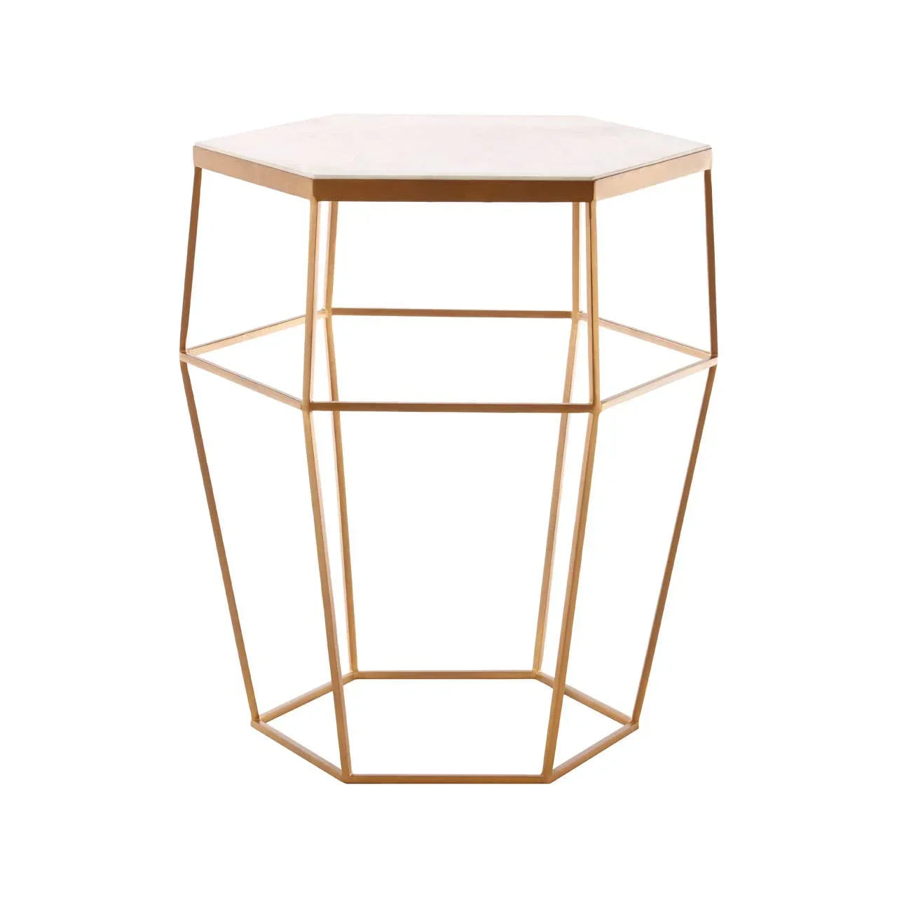 Hexagonal side table with gold metal frame and white marble top