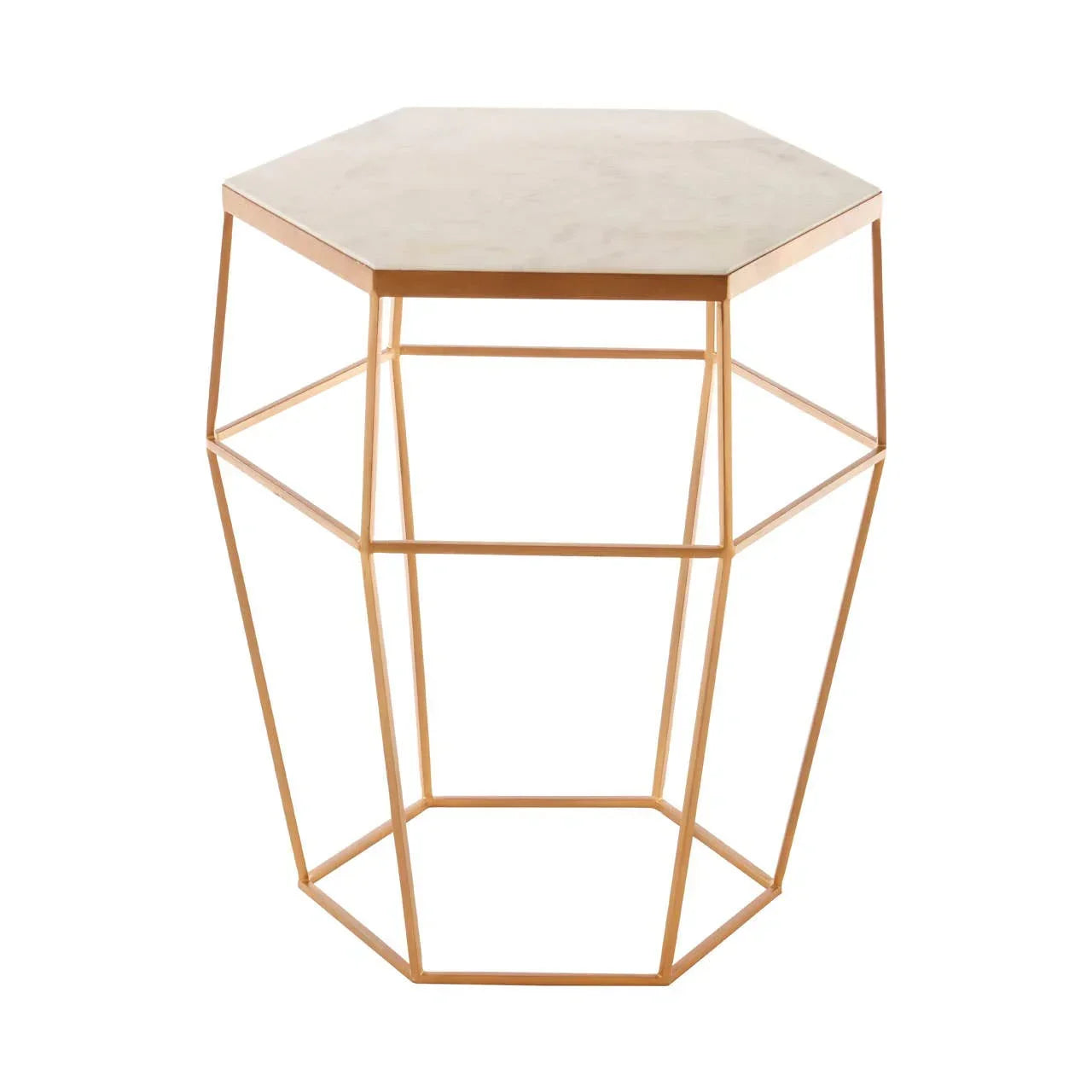 Hexagonal marble top side table with gold geometric metal frame