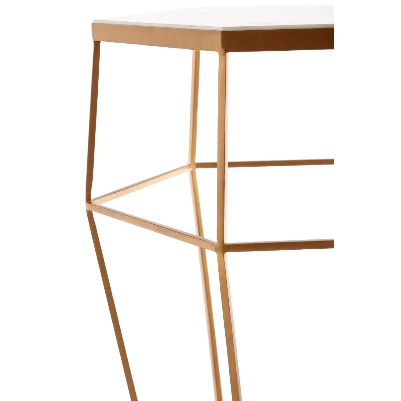Gold metal side table legs with geometric design and white tabletop, close angle view