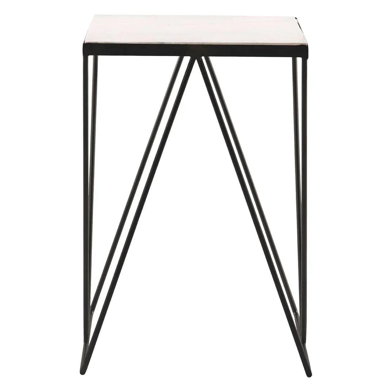 Modern side table with black metal frame and square light wood top