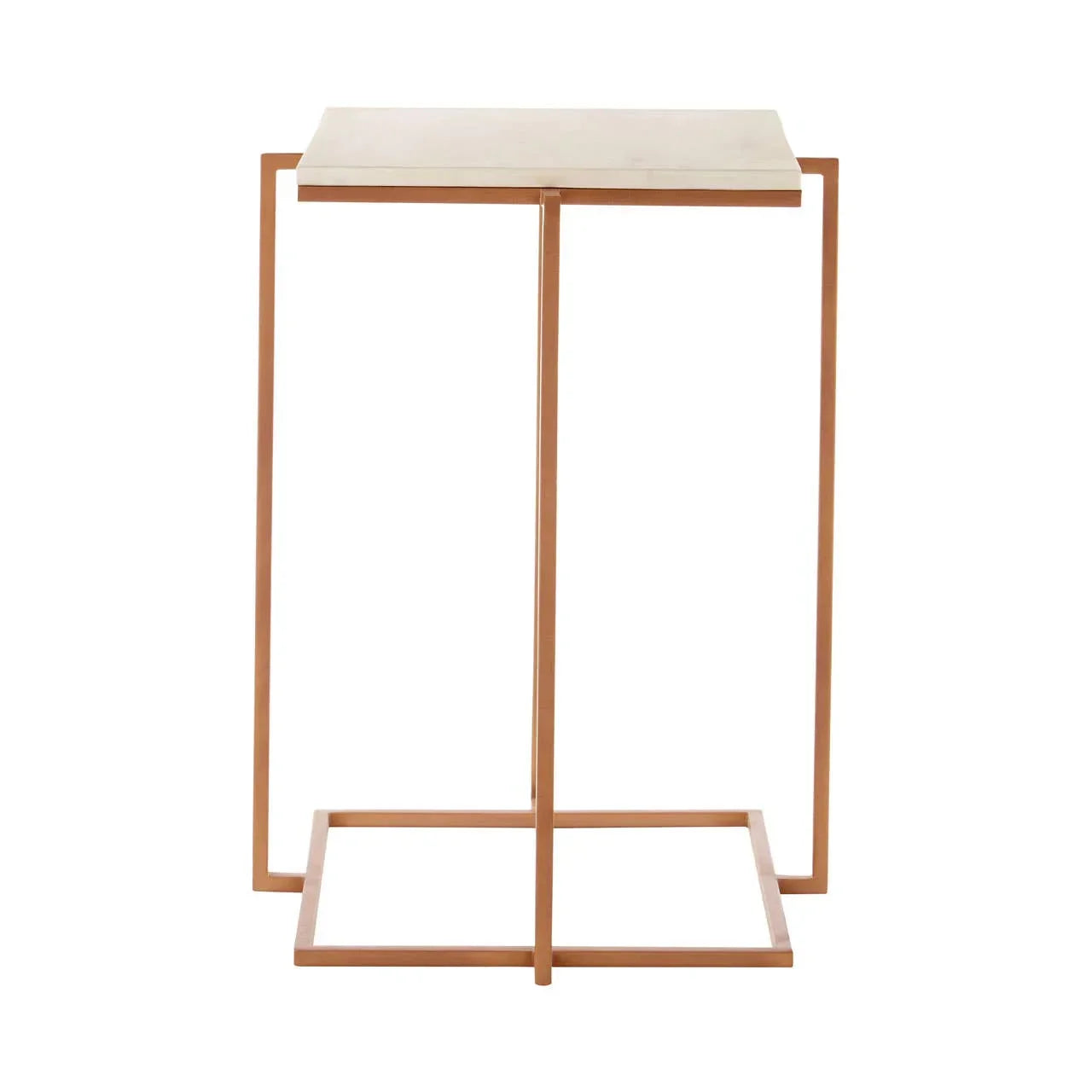 Modern side table with gold metal frame and rectangular beige top, front view