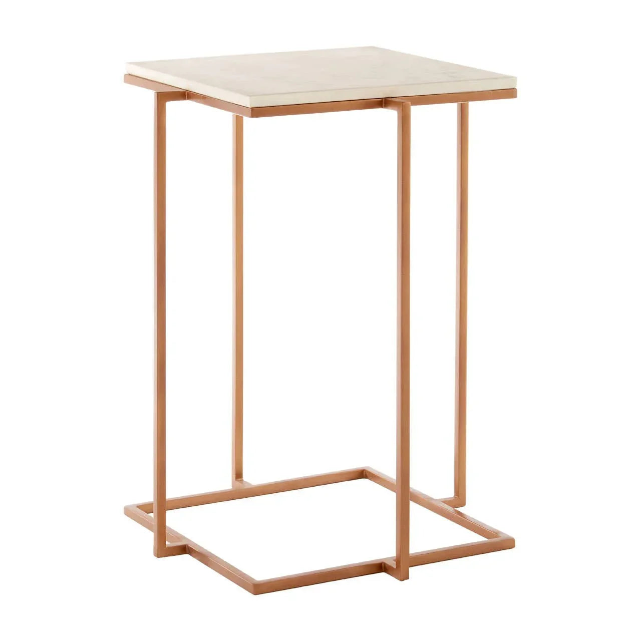 Square side table with white marble top and gold metal frame on white background