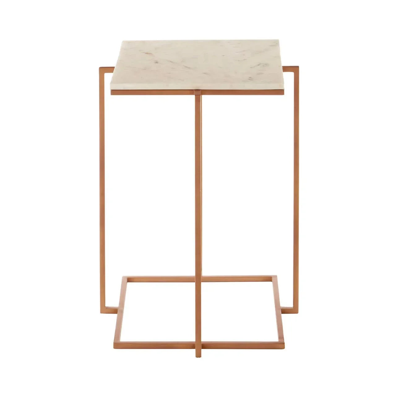 Marble top side table with gold metal frame, square modern design, front view