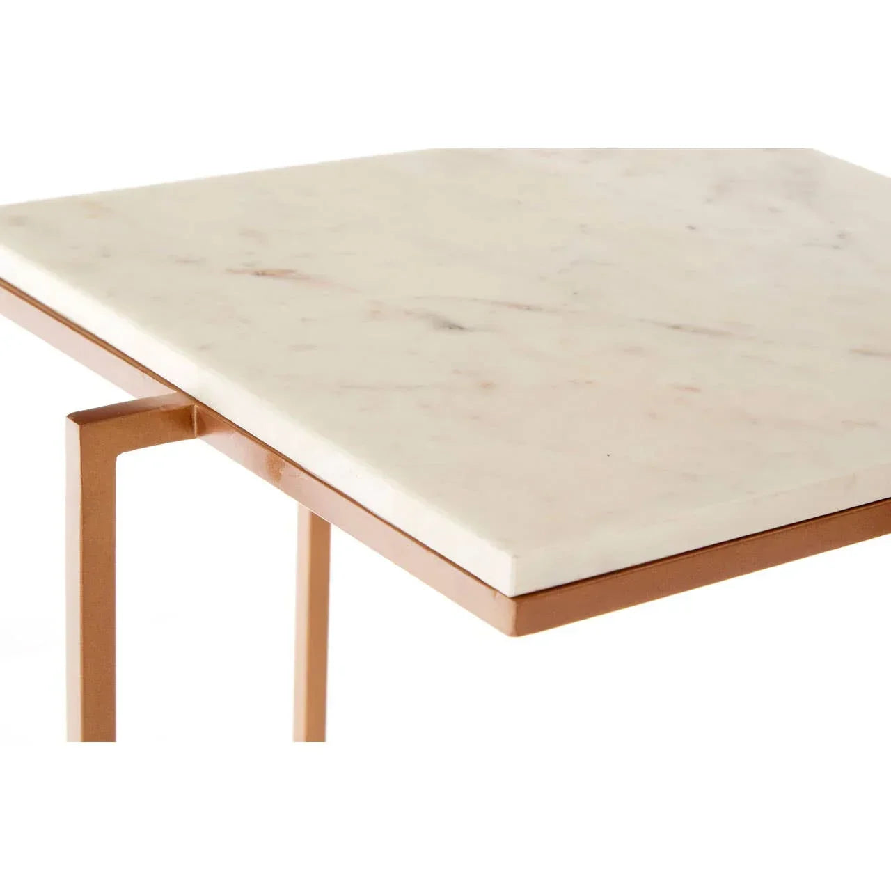 White marble side table with gold metal frame, close view of tabletop and legs
