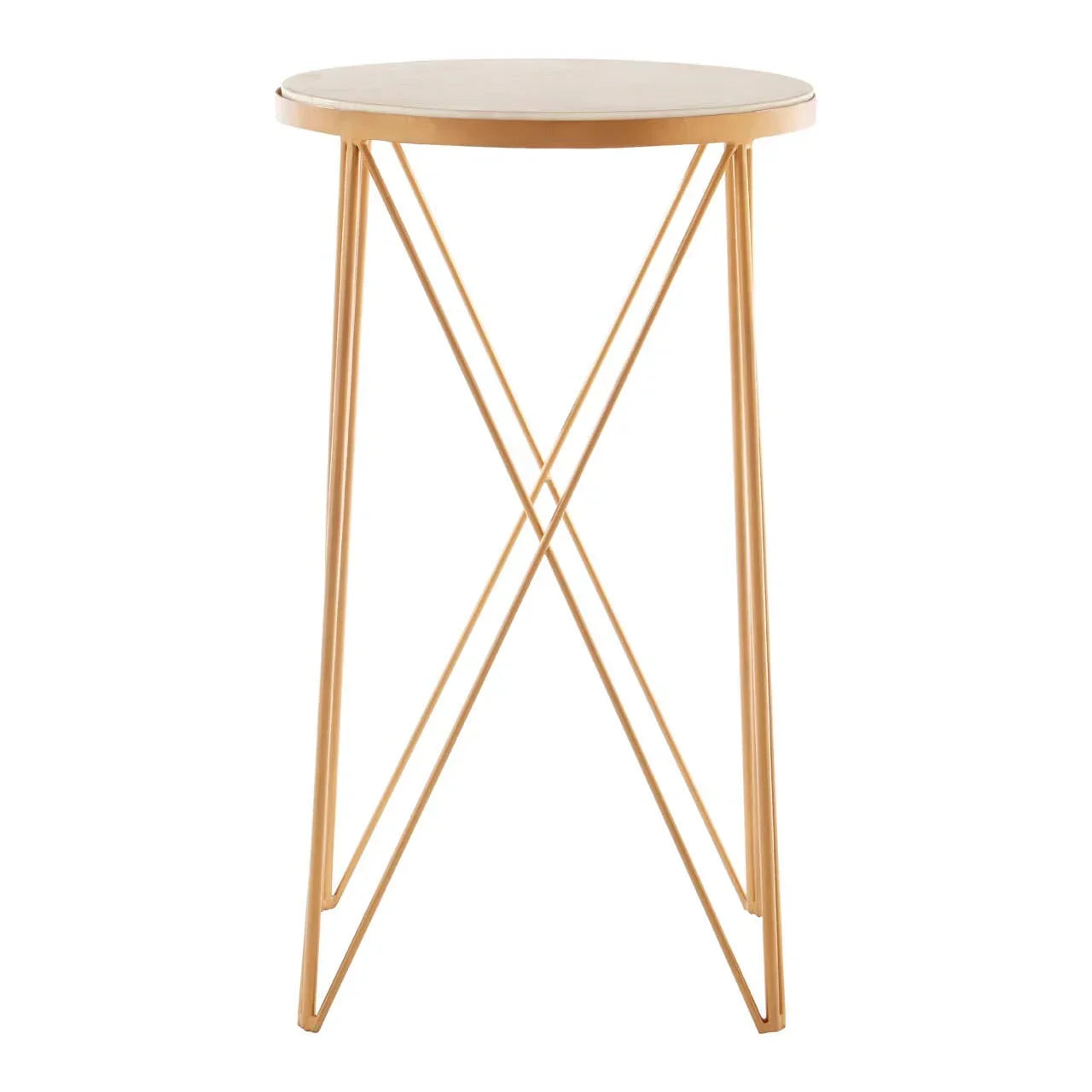 Round gold side table with crossed metal legs on white background