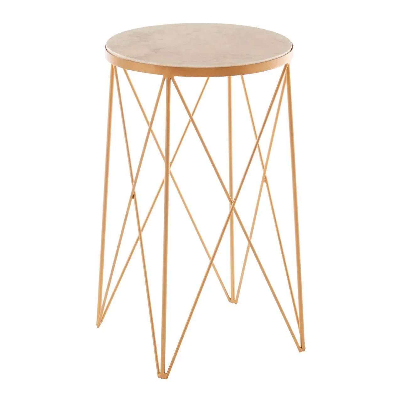Round side table with gold metal frame and marble-effect top