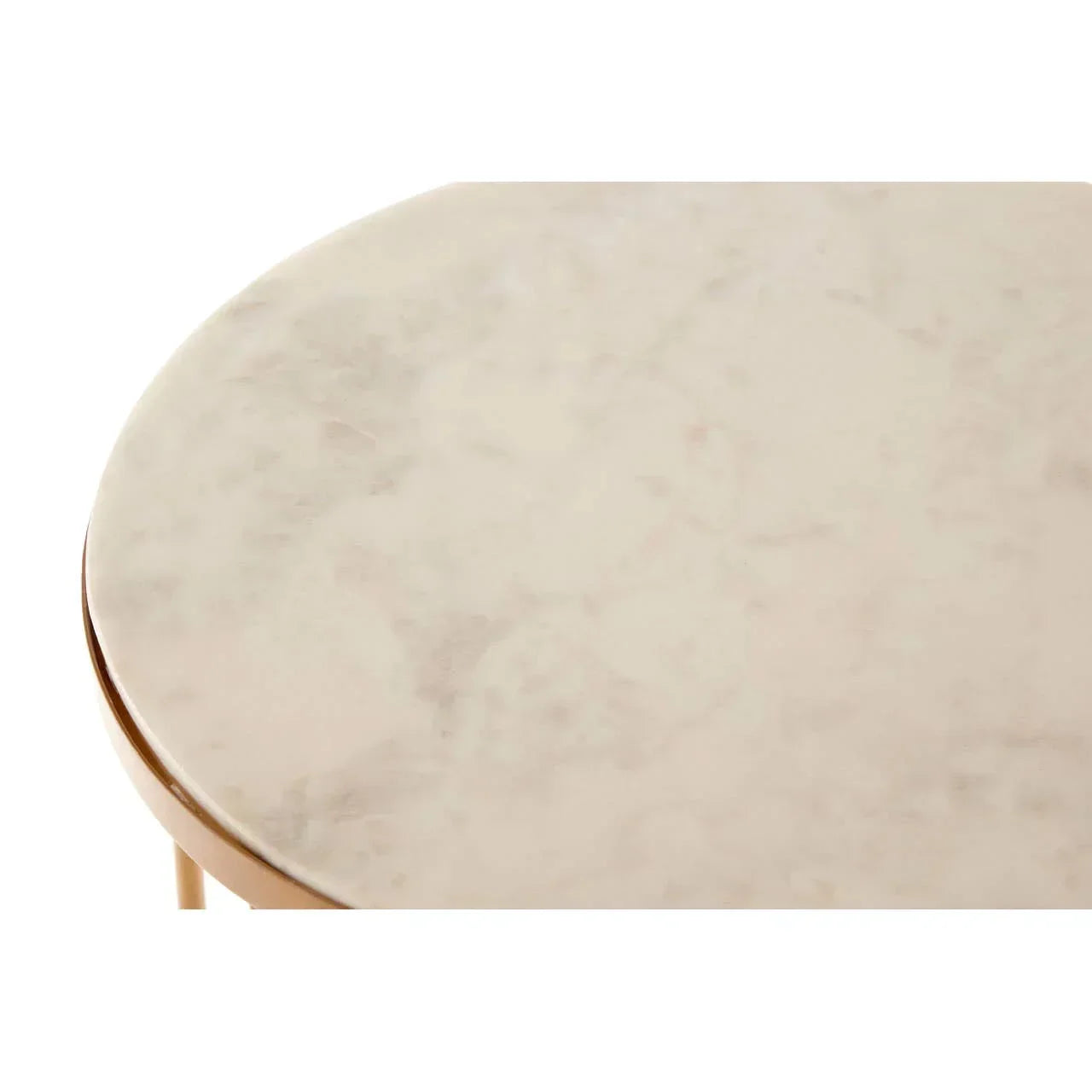 Round marble side table top with light veining and gold-tone metal edge