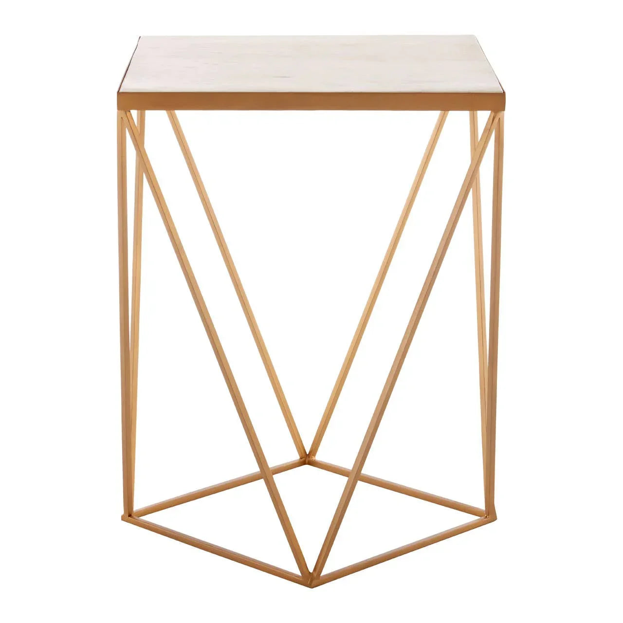 Square side table with gold geometric metal frame and light wood top