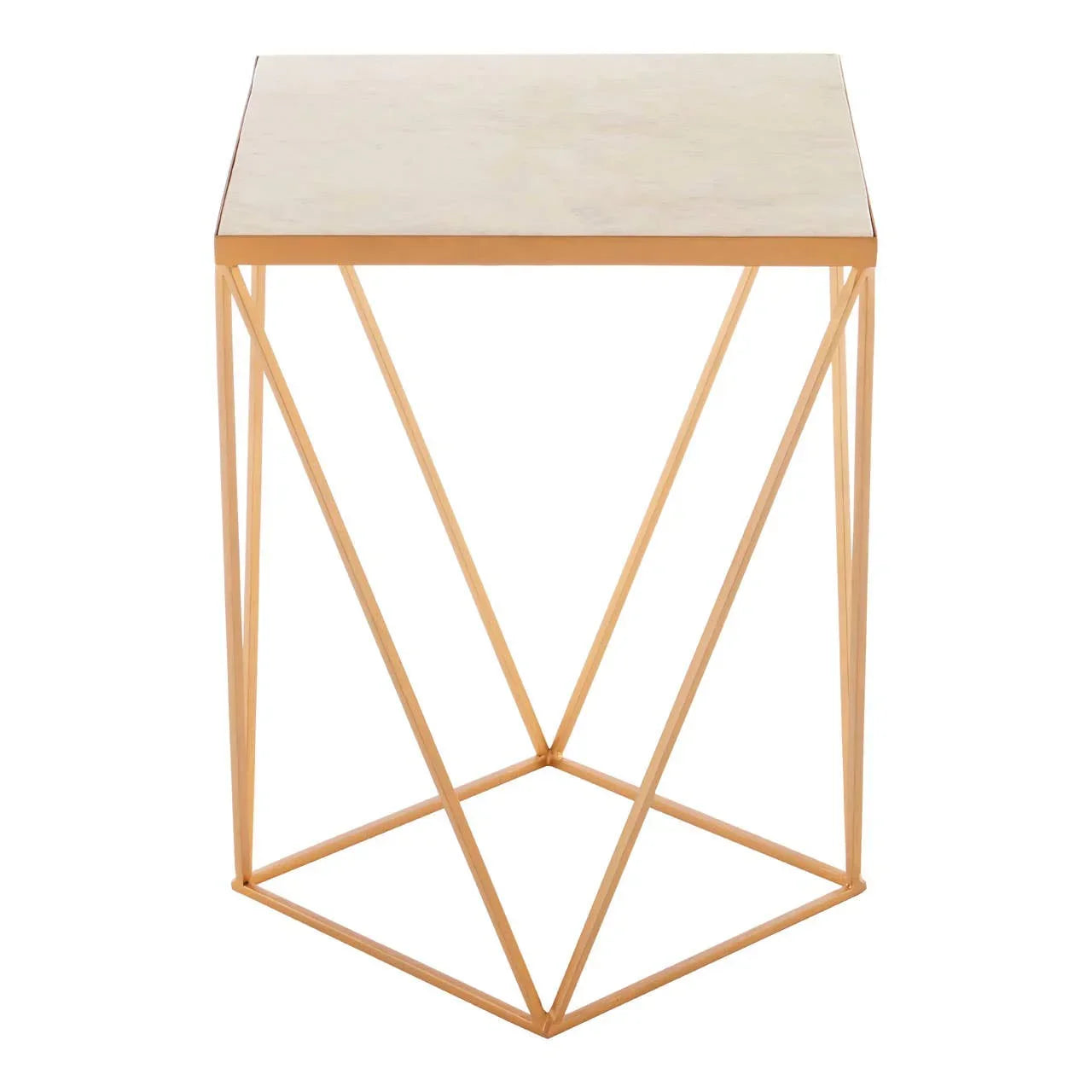 Square side table with gold metal geometric frame and light marble-effect top