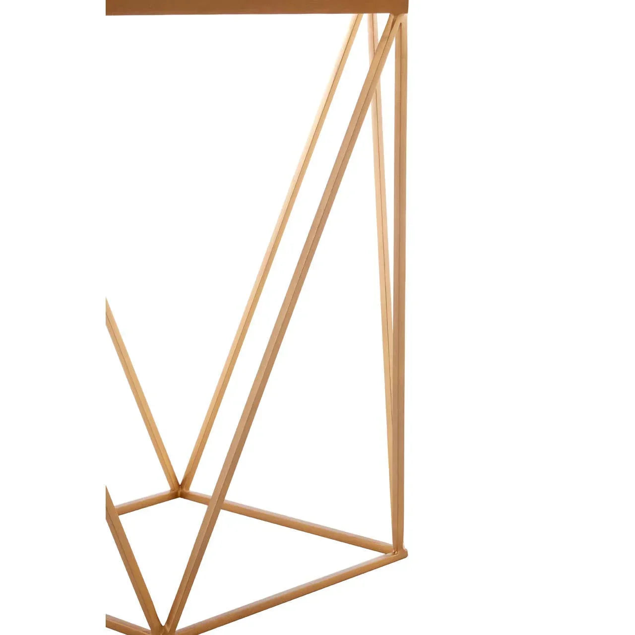 Geometric gold metal table base with intersecting lines and square frame detail