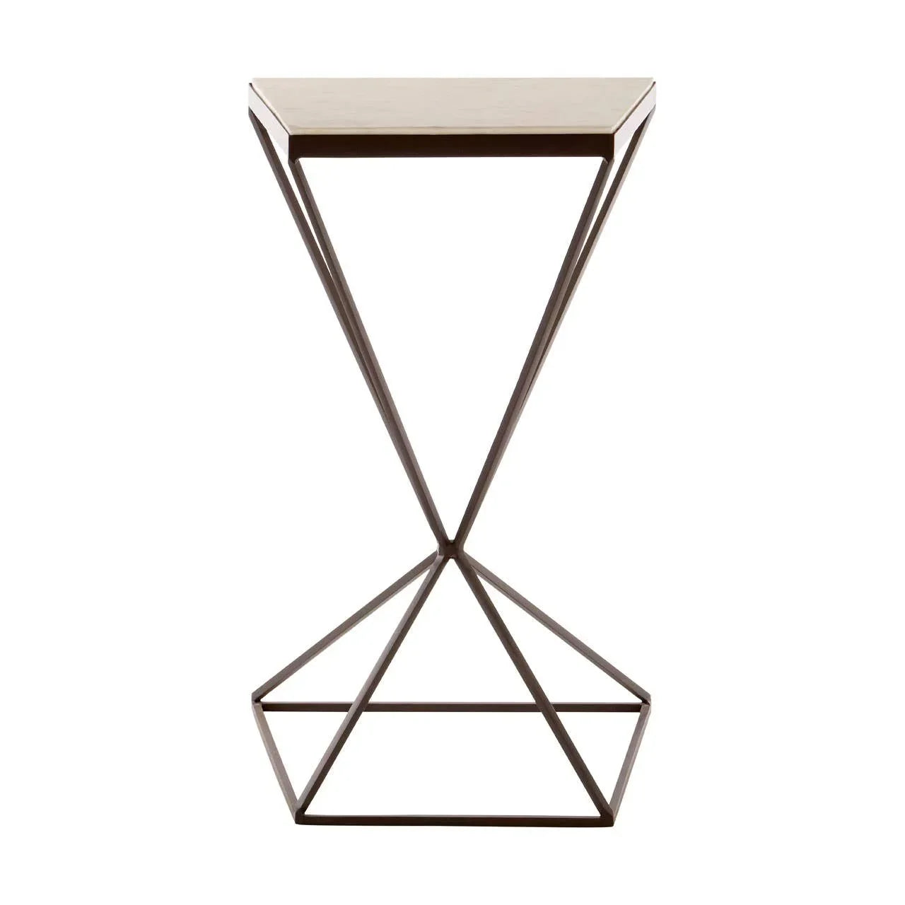 Metal side table with geometric pyramid base and square top, modern accent furniture