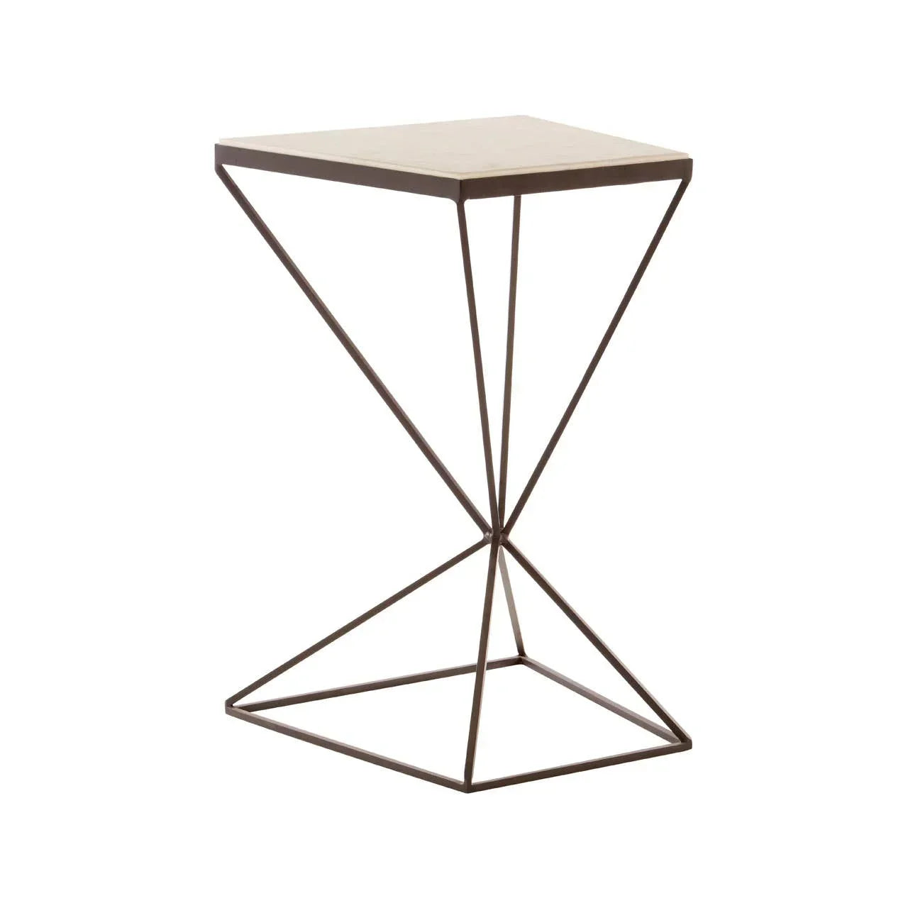 Square side table with metal geometric frame and light wood top