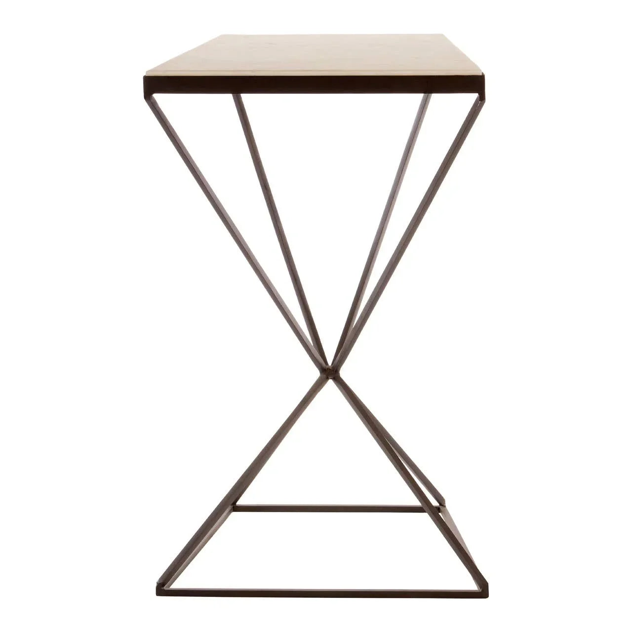 Square side table with metal geometric base and wood top, side view