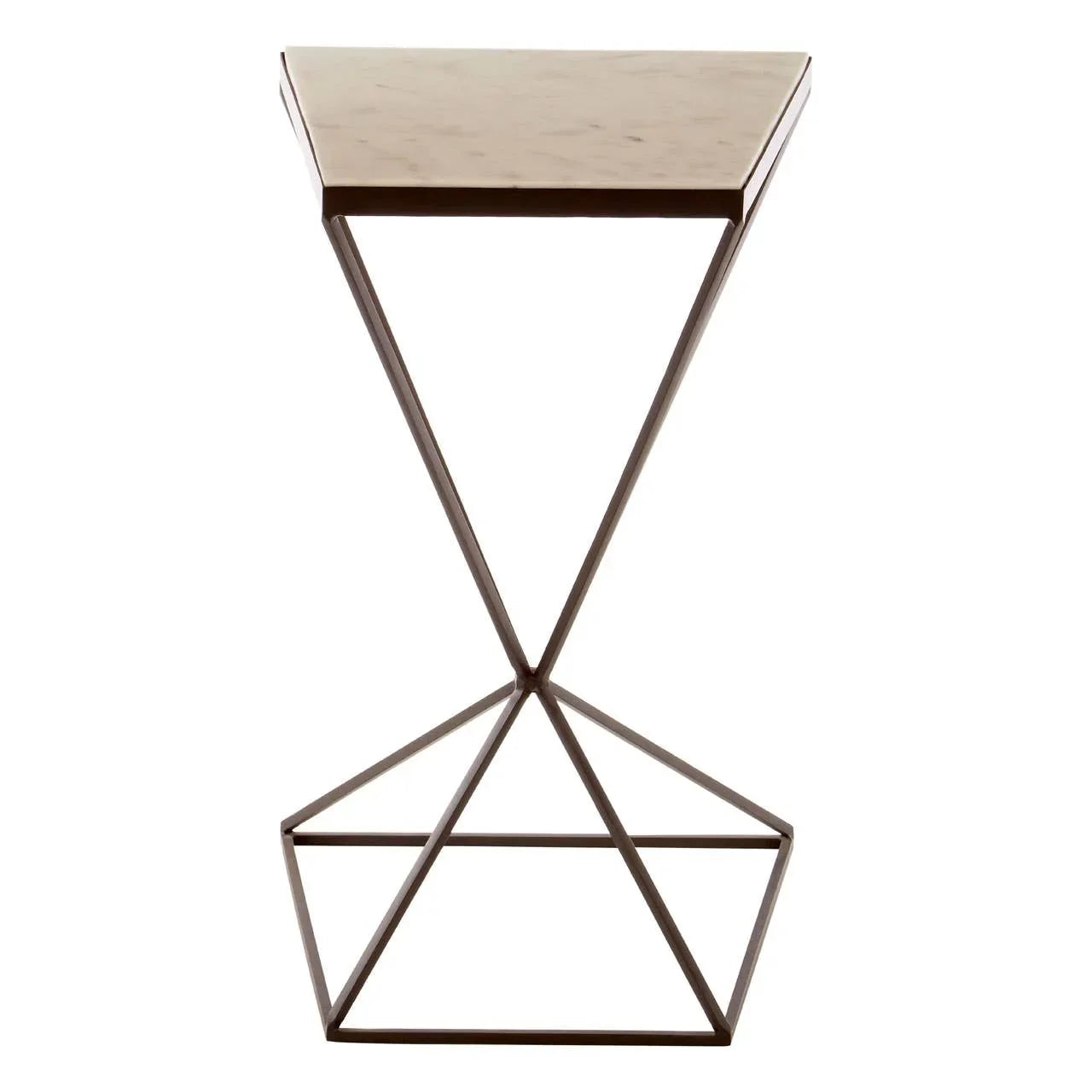 Modern side table with square marble top and geometric metal frame, front view
