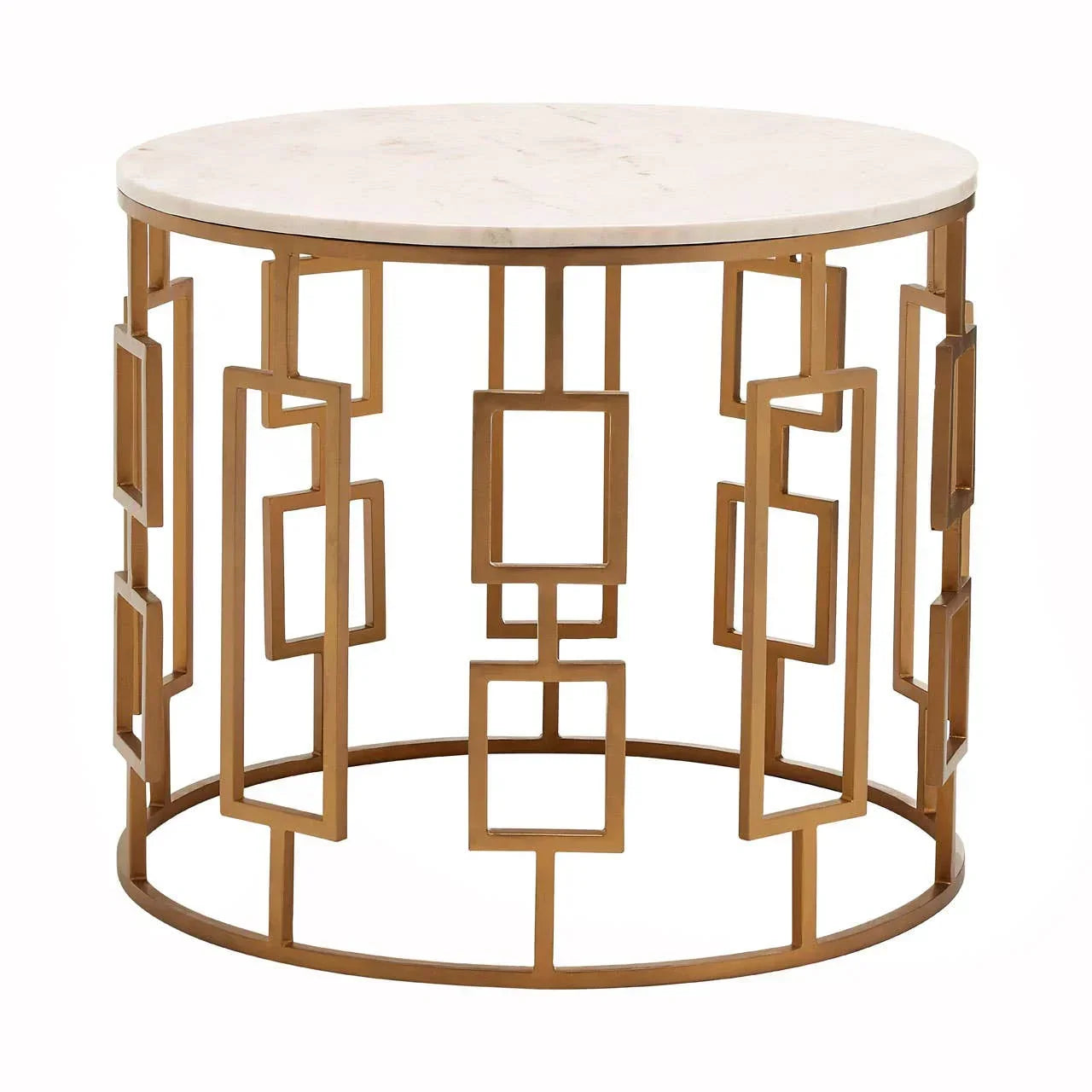 Round marble top coffee table with gold geometric metal base