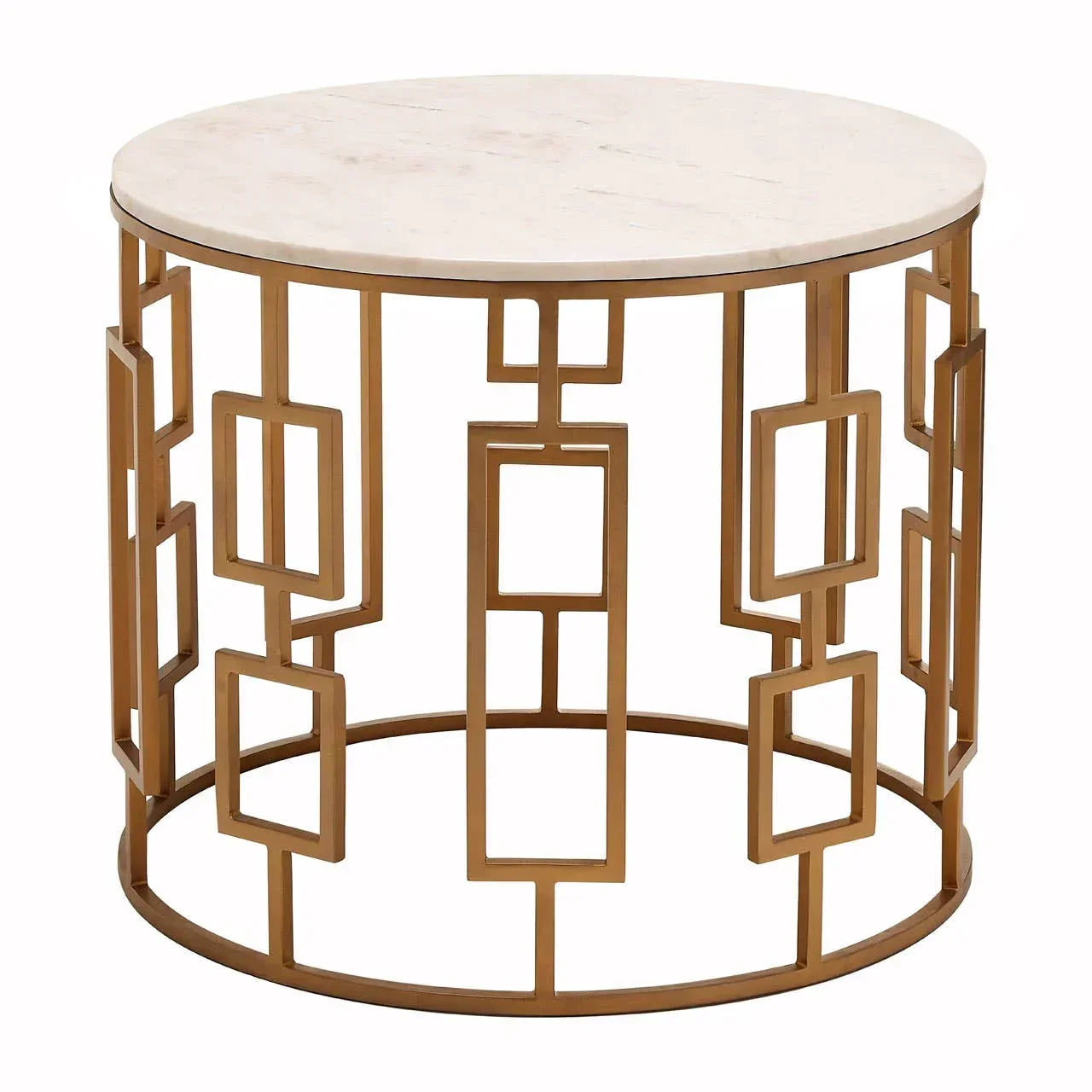Round coffee table with white marble top and gold geometric metal base