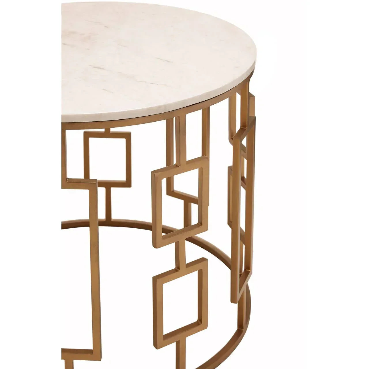 Round marble top side table with geometric gold metal frame