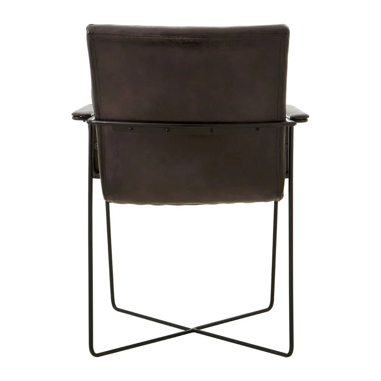 Back view of black leather dining chair with slim metal frame and armrests