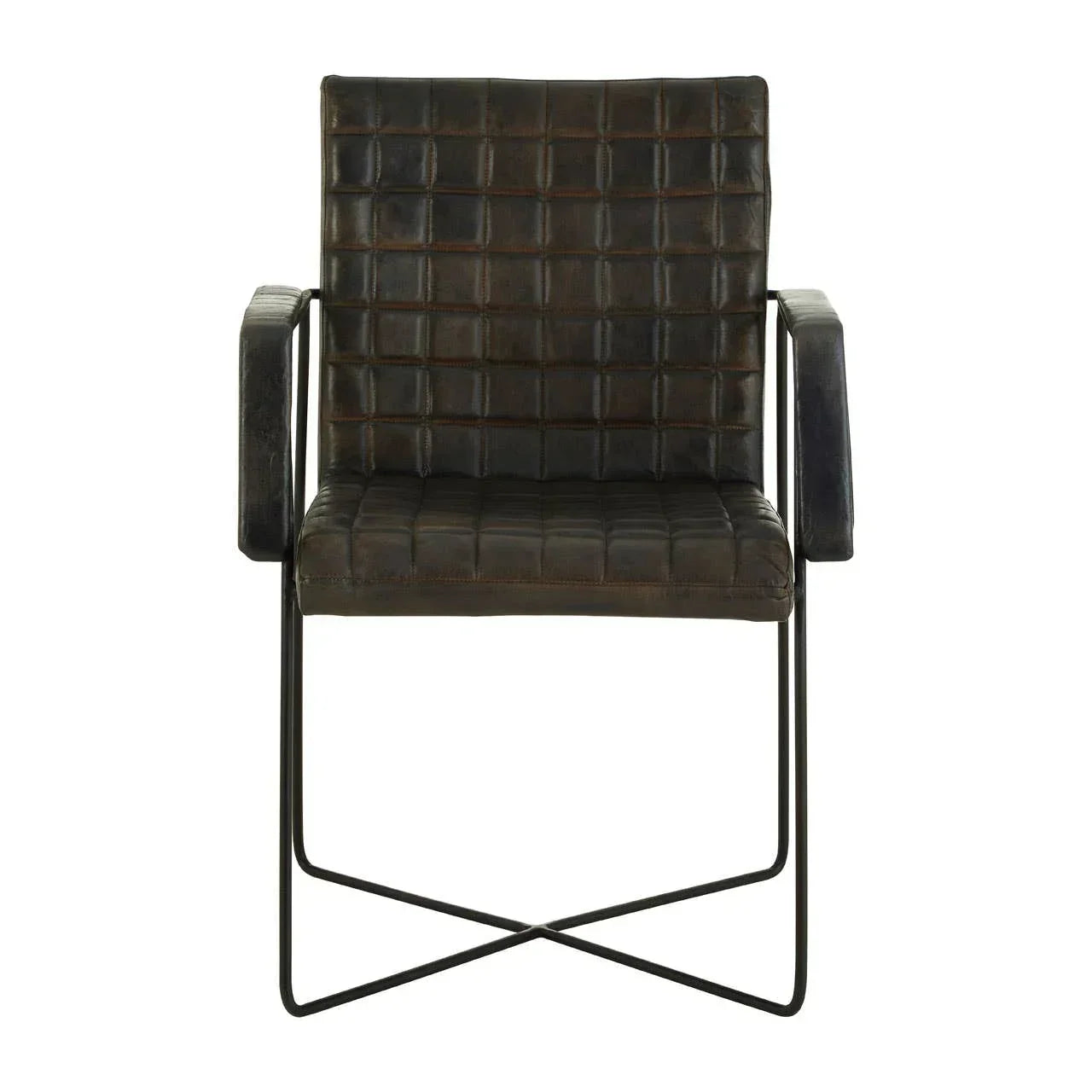 Black leather dining chair with grid stitching and metal frame, front view