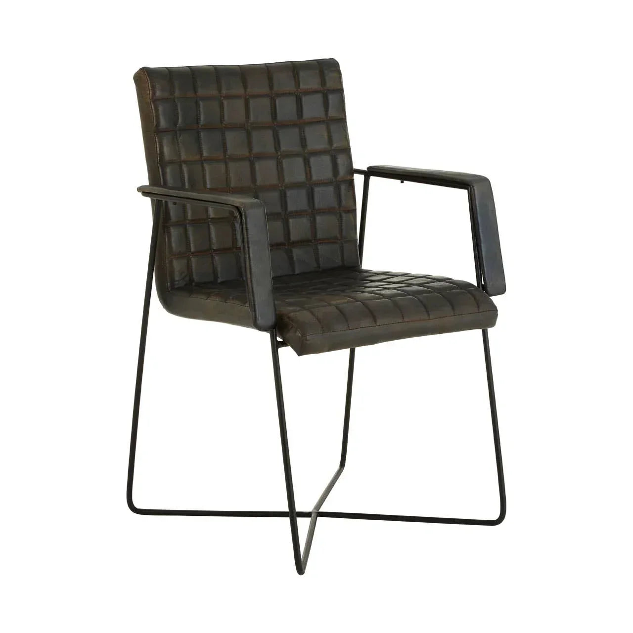 Brown leather dining chair with metal frame and armrests, grid-stitched seat and backrest