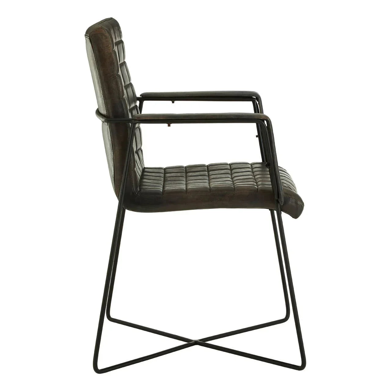 Side view of black metal frame dining chair with quilted faux leather seat and backrest