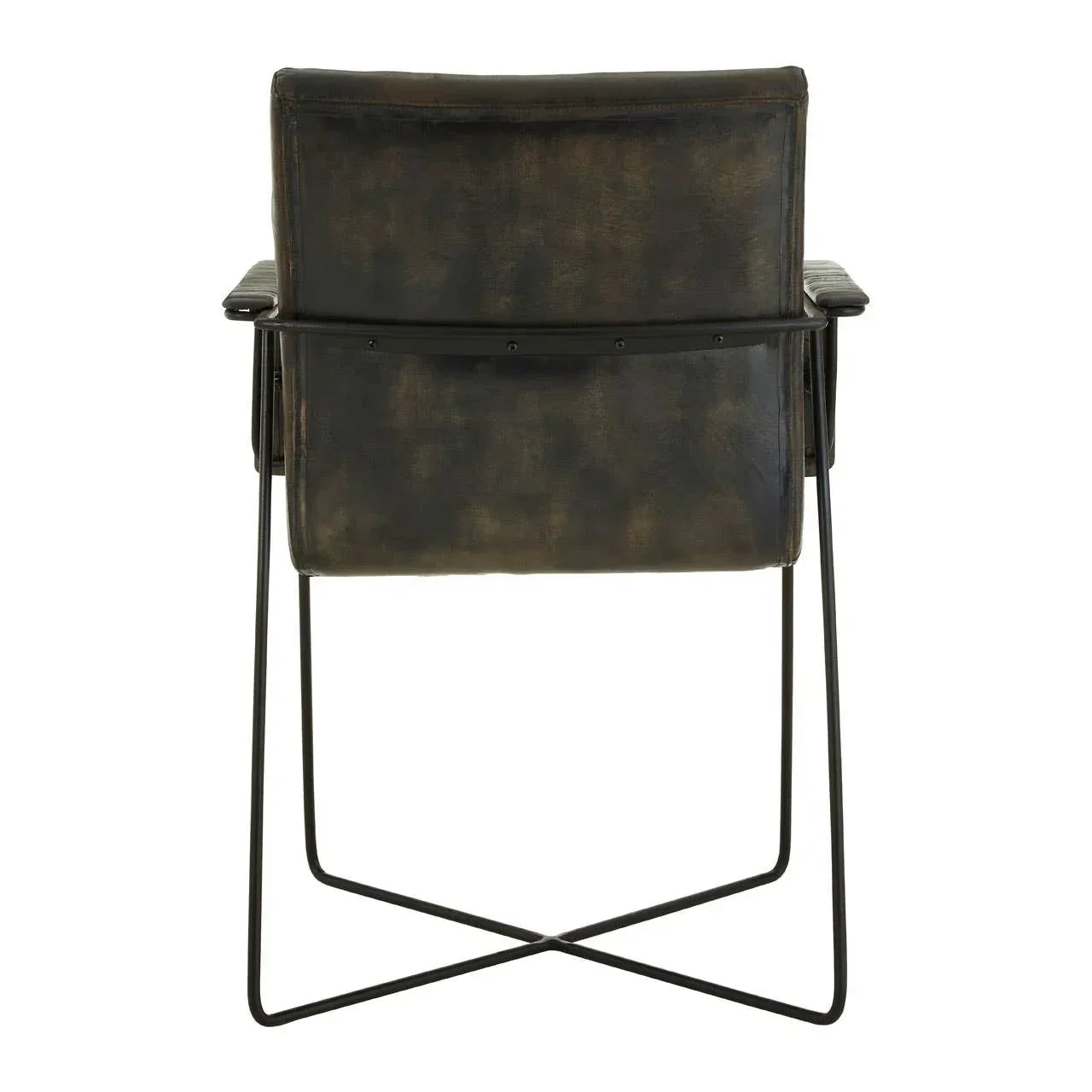 Back view of brown leather dining chair with metal sled legs and armrests