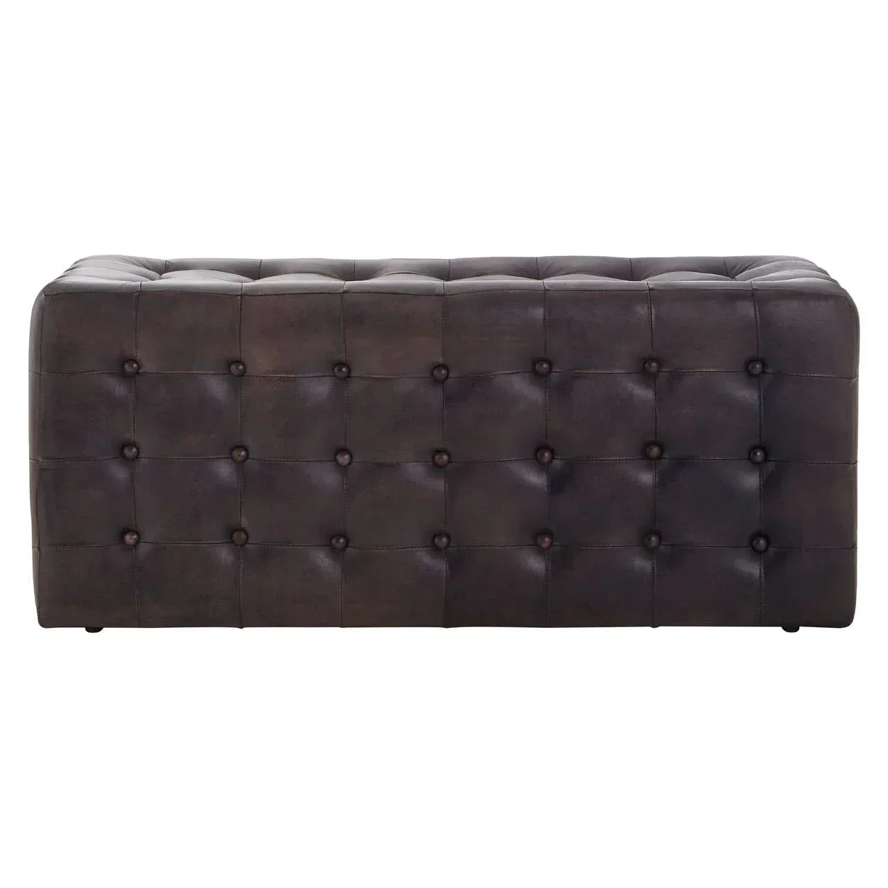 Brown leather ottoman bench with button-tufted upholstery, front view