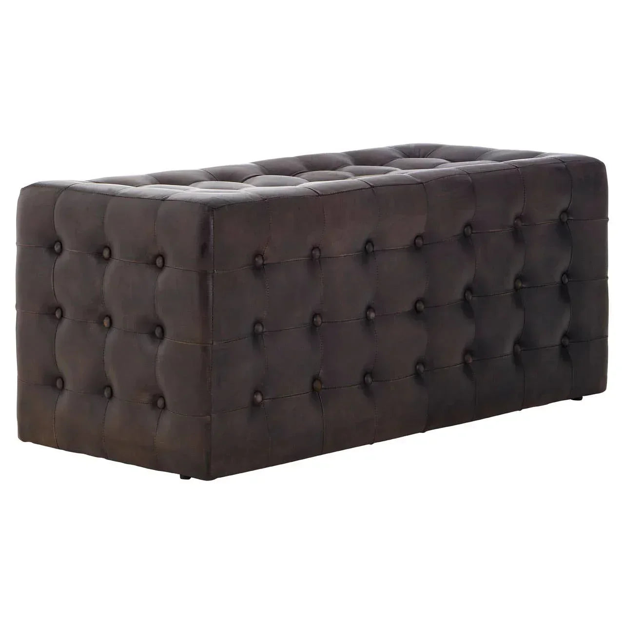 Dark brown leather ottoman bench with deep button tufting, shown at an angle
