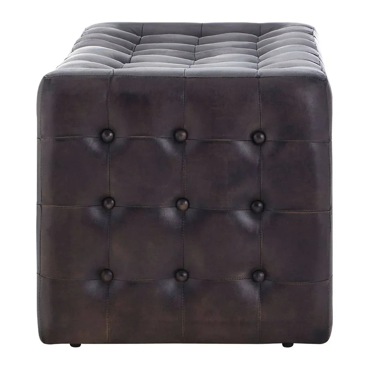 Dark brown leather ottoman with tufted buttons, front view