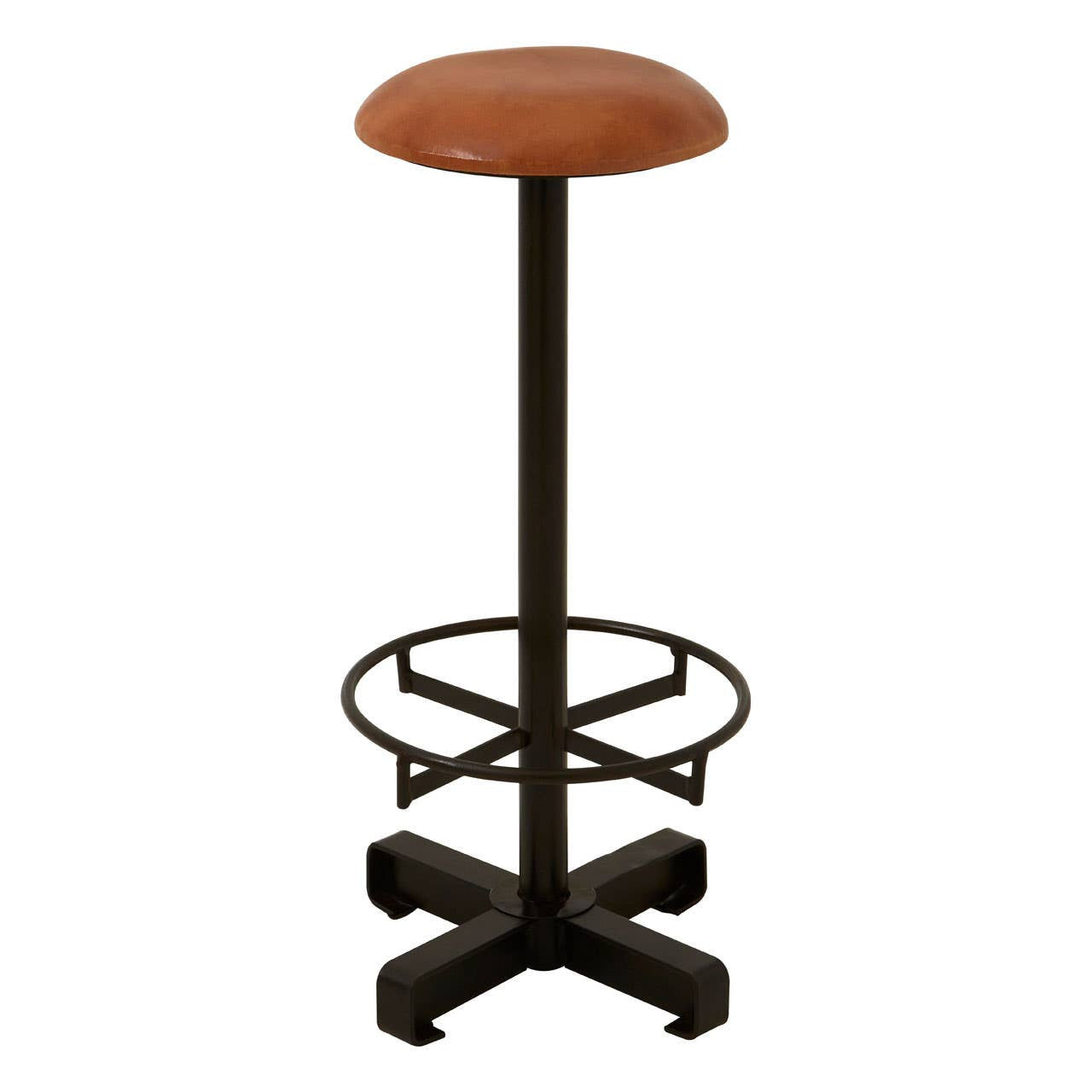 Light brown leather bar stool with a rounded seat, supported by a sleek black metal base featuring a circular footrest and a four-legged design