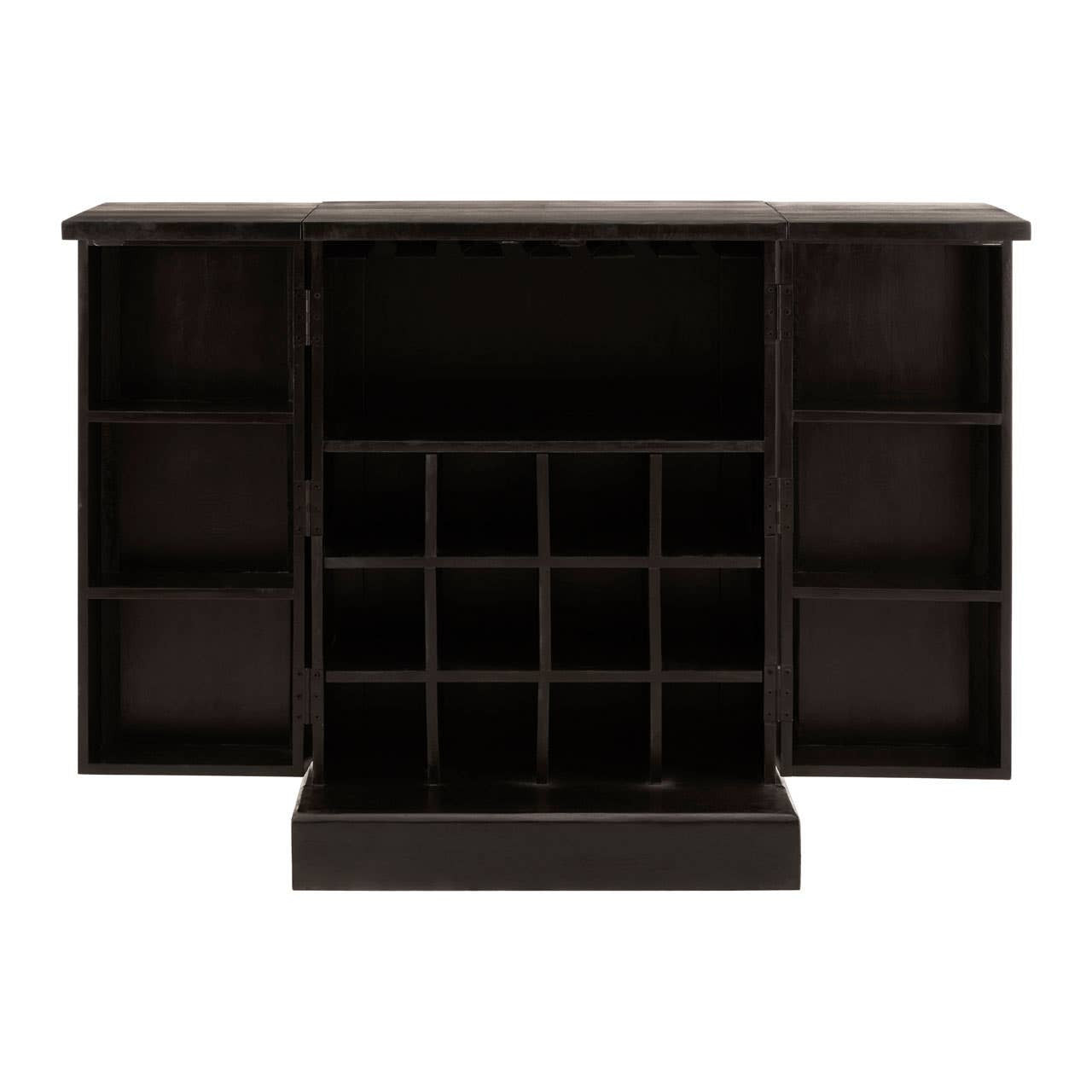 A bar cabinet featuring a sleek design in gold and black mango wood, with a spacious top surface, open shelves on either side, and a central section containing wine bottle storage with multiple compartments. The cabinet has a modern aesthetic suitable for home decor