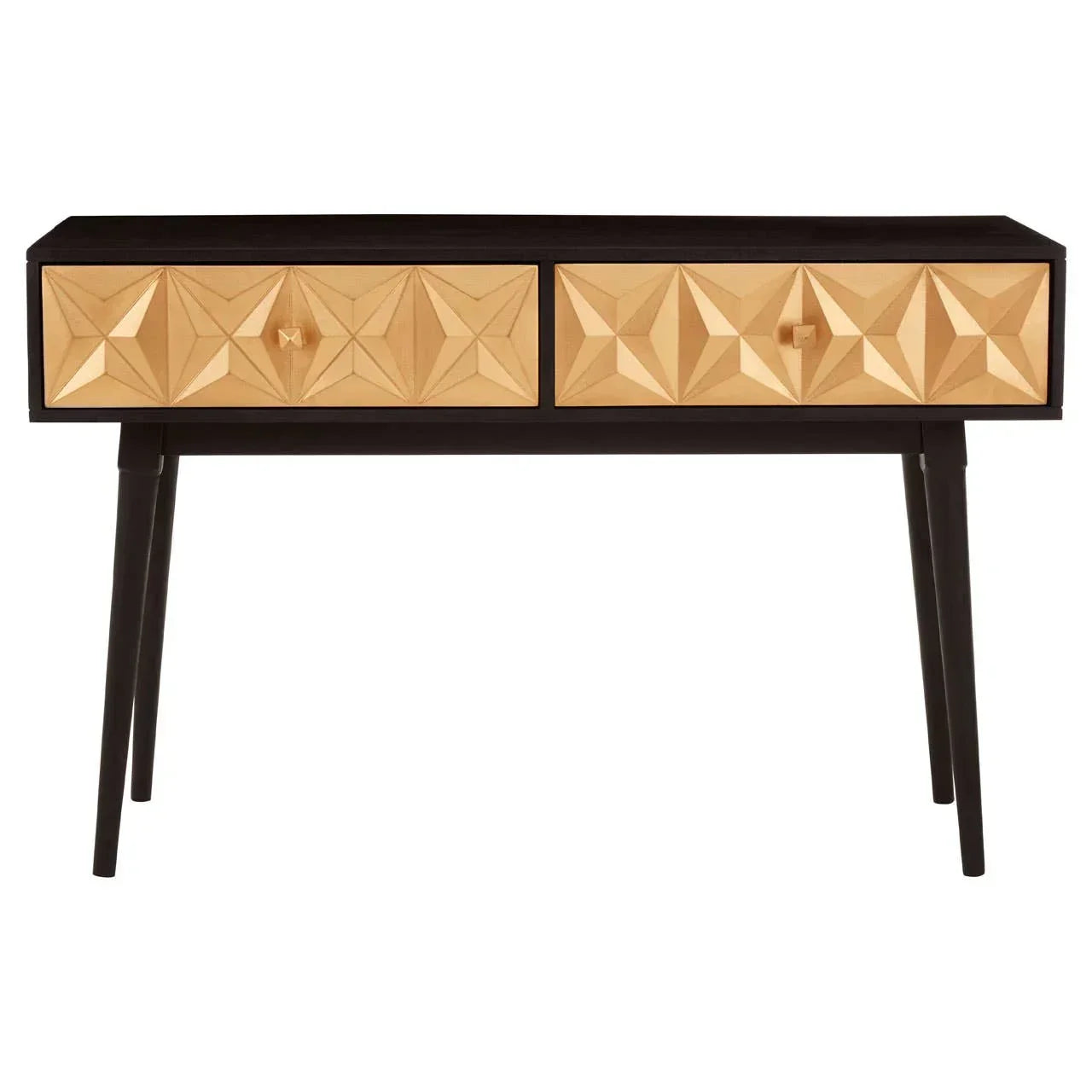 Modern wood console table with black frame and gold geometric front drawers
