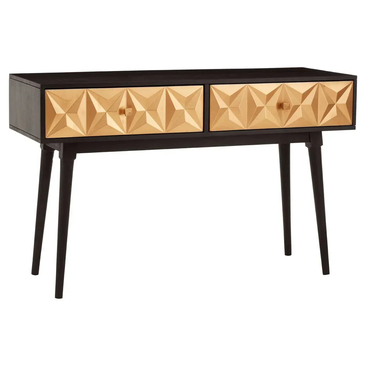 Black console table with two gold geometric front drawers and slim legs