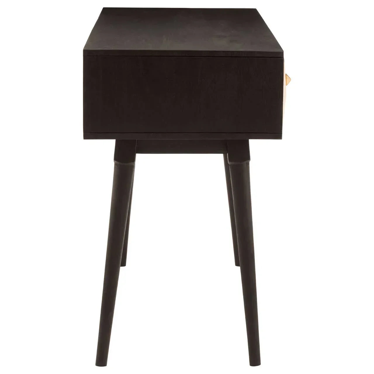 Black wooden bedside table with single drawer, shown from side view on tapered legs