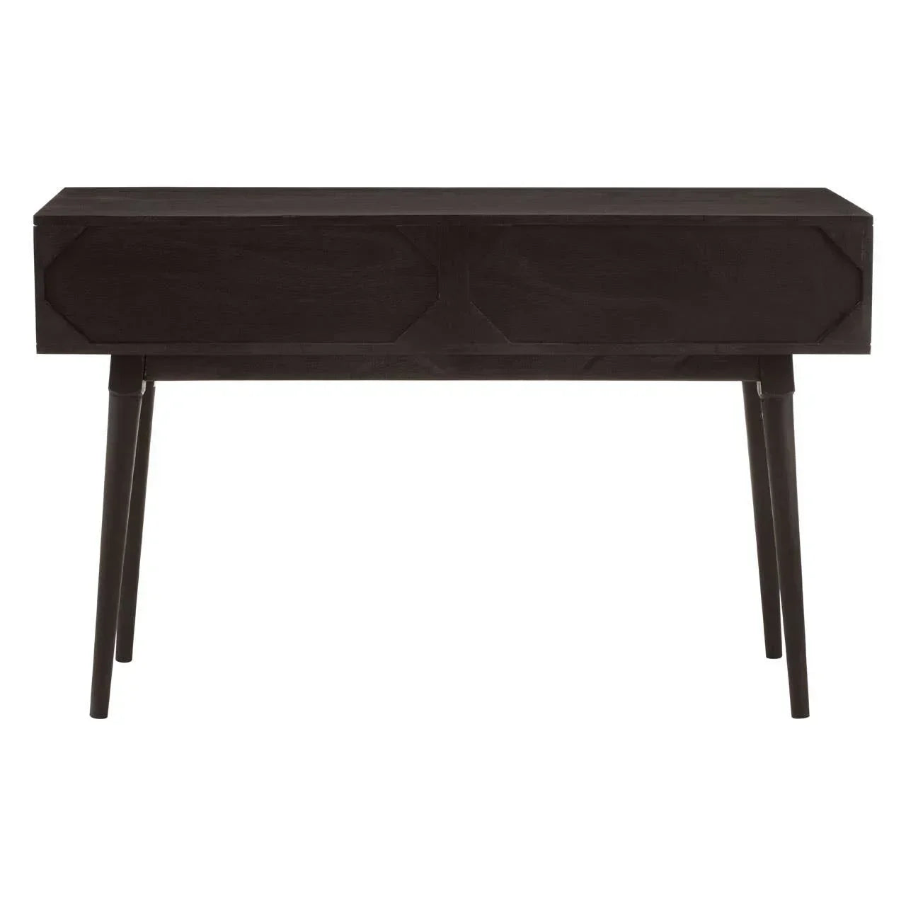 Black wooden console table with geometric front and slim tapered legs