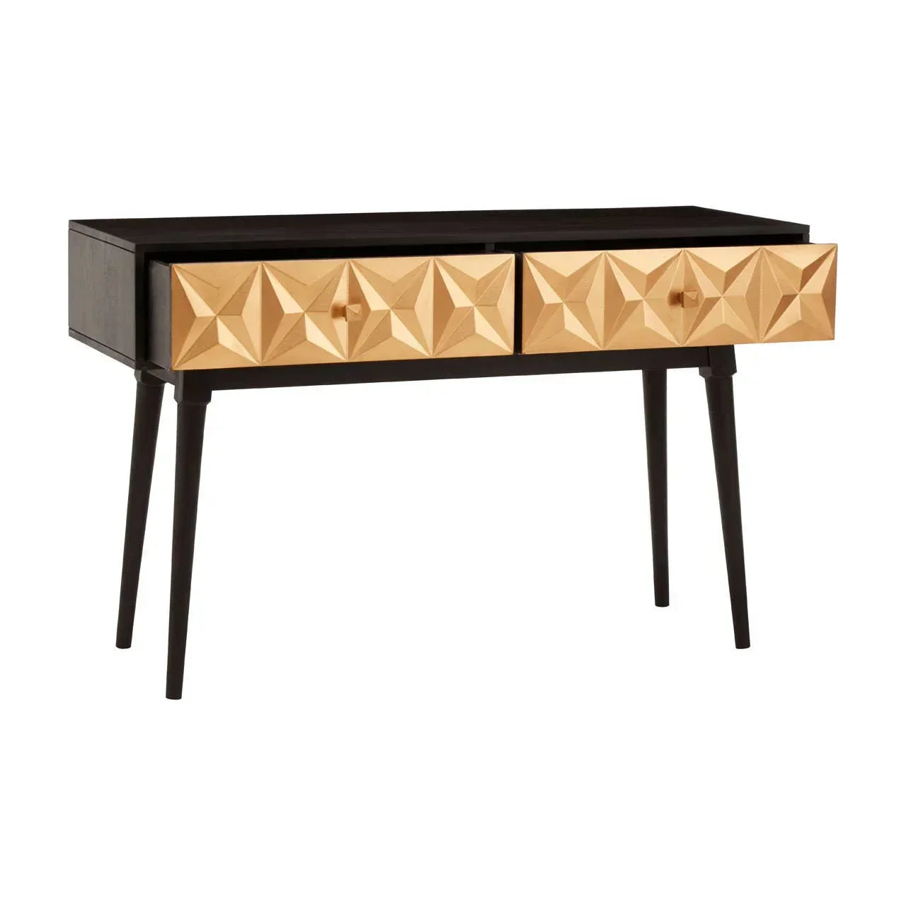 Black console table with gold geometric front drawers and angled legs