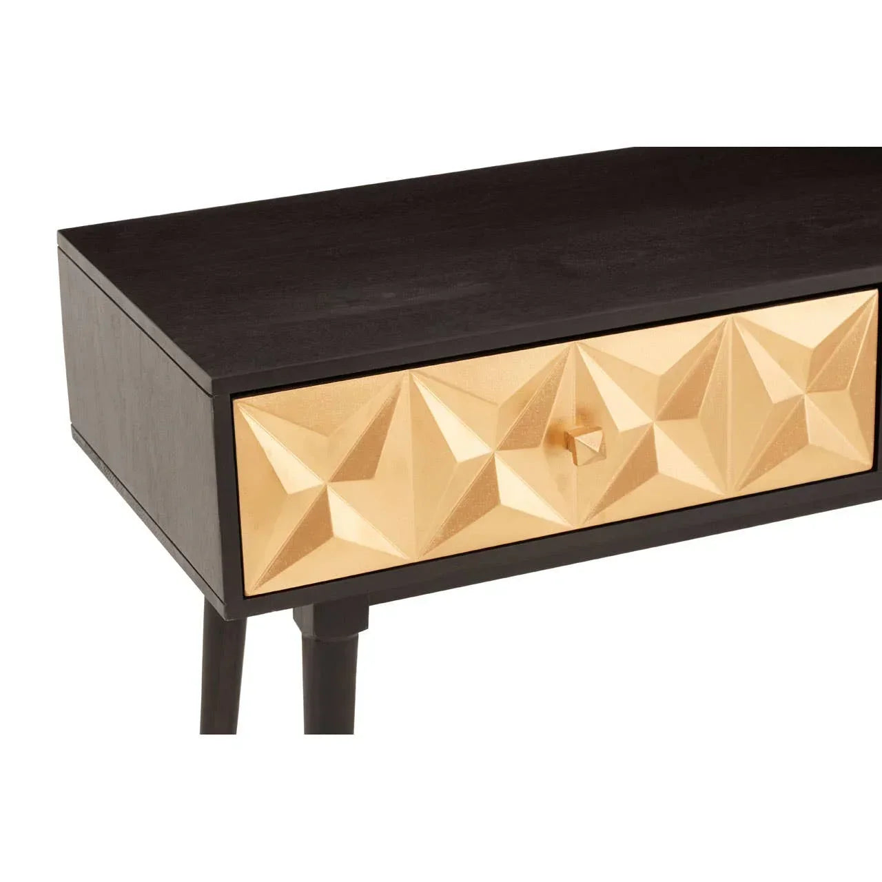 Black wooden console table with gold geometric drawer front and tapered legs