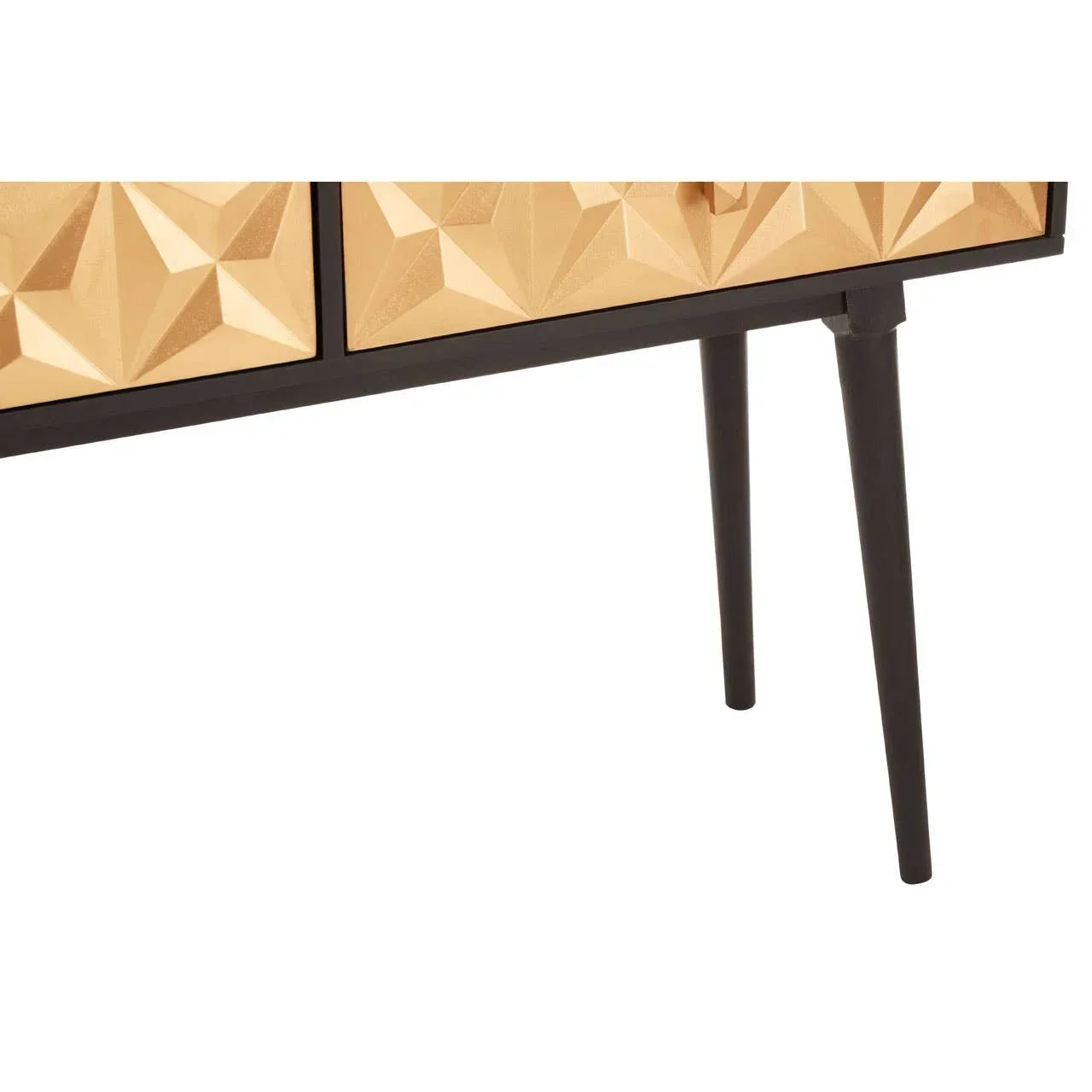 Gold geometric sideboard front with black tapered legs, close-up on textured drawer detail