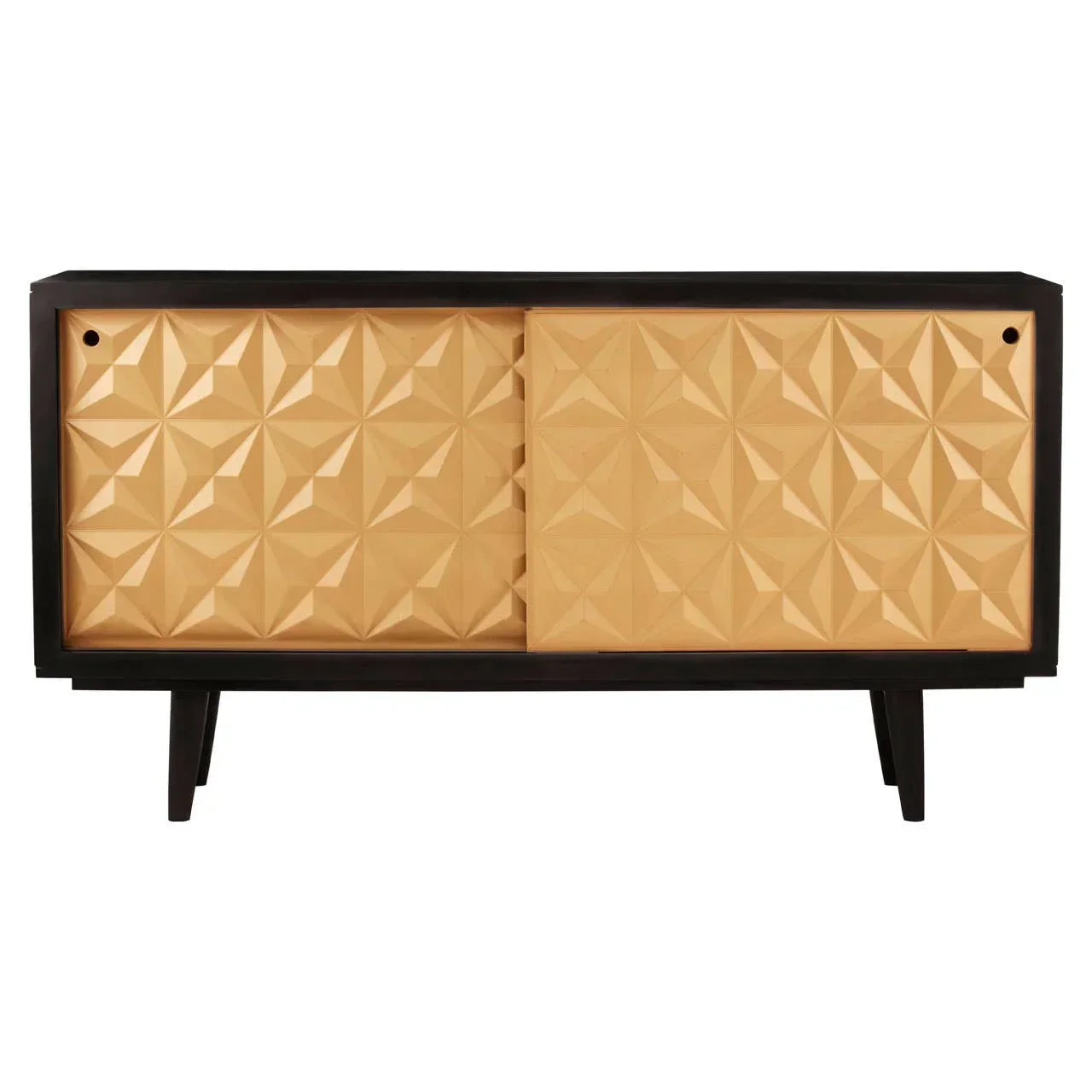 Geometric wood sideboard with black frame and carved sliding doors, mid-century style