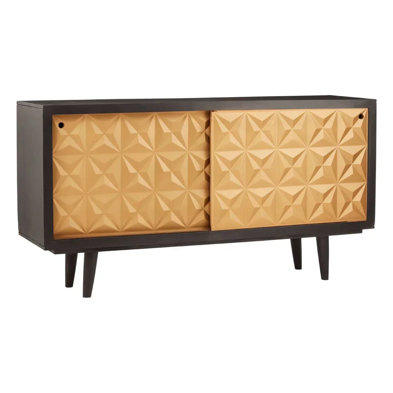 Sideboard with black frame and textured geometric gold sliding doors on angled legs