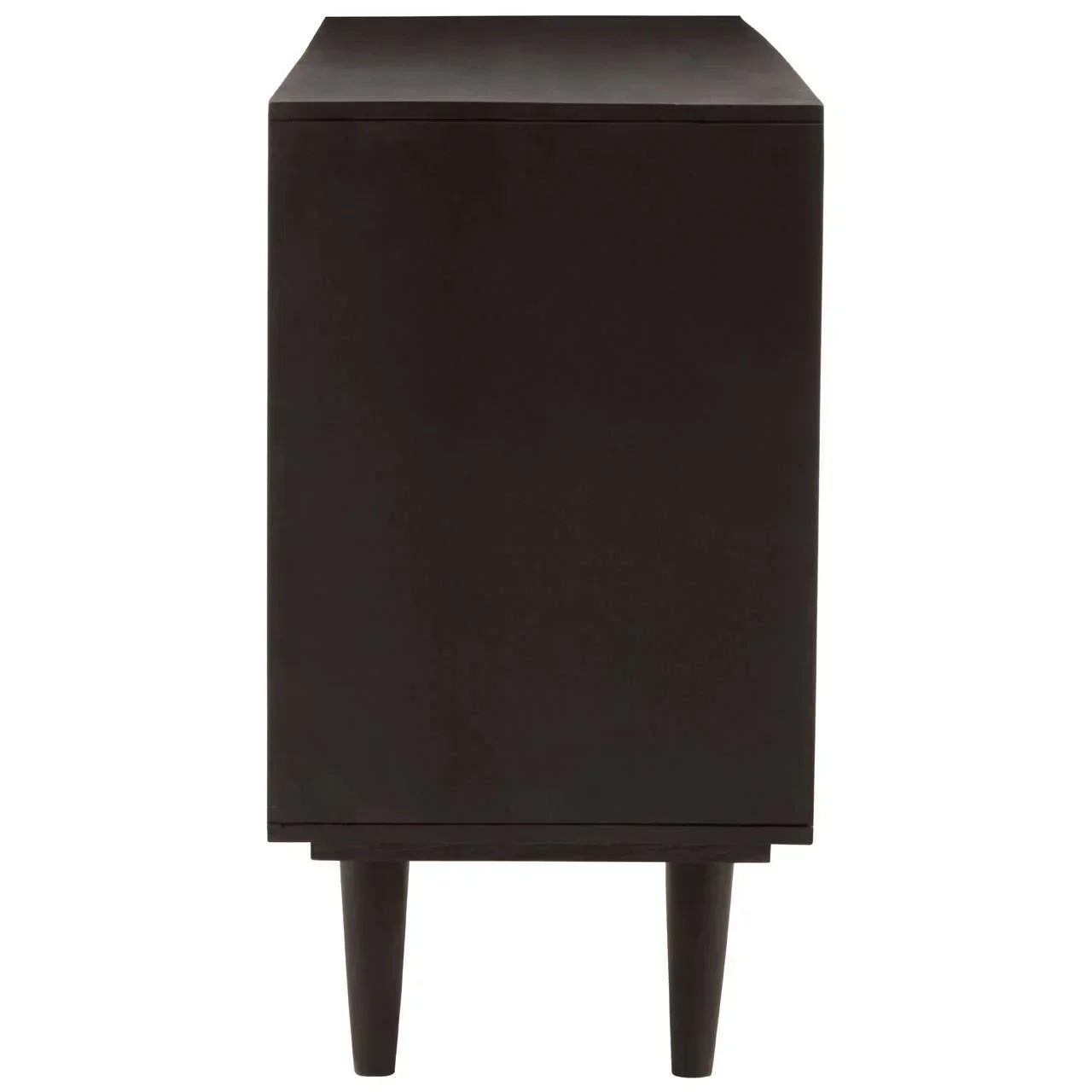 Side view of dark wood sideboard with slender tapered legs