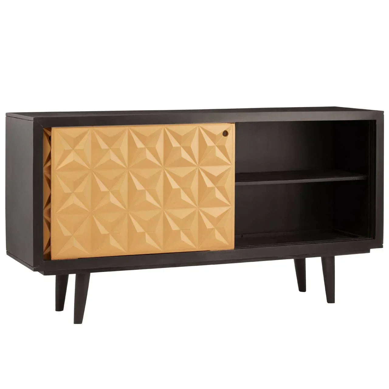 Black and gold sideboard with geometric patterned sliding door and open shelf