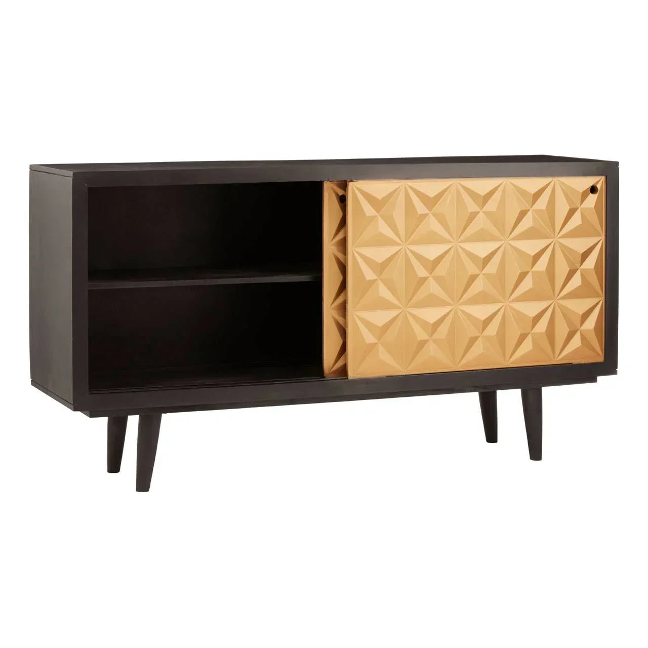 Black sideboard with geometric gold sliding door and open shelving on wooden legs